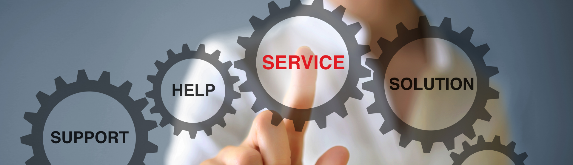 gears with the words support, help, service and solution