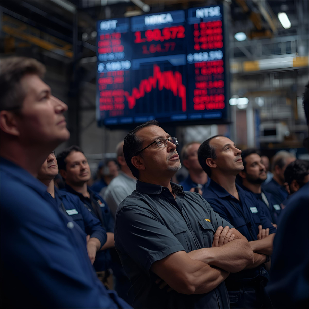 factory workers watching stock prices