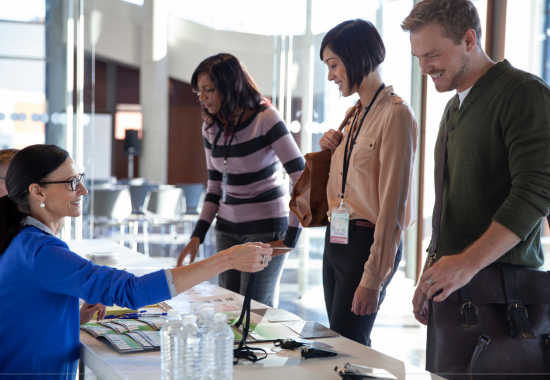 link, attendees registering for conference